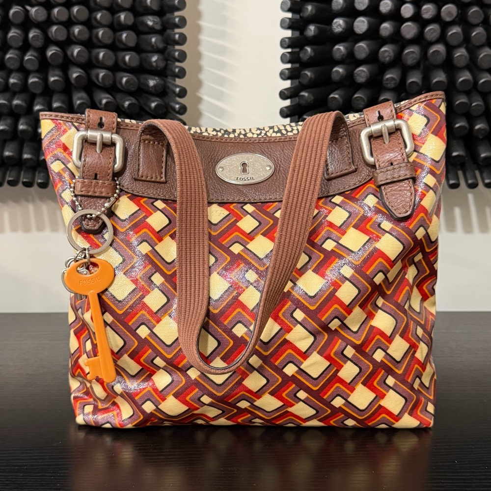 Vintage Fossil Key-Per Shoulder Bag Tote Coated Canvas Original Bag Charm